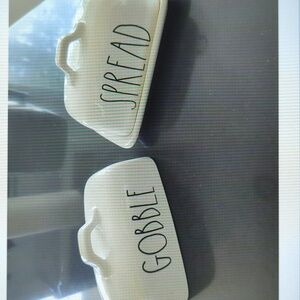 Rae Dunn Thanksgiving Butter Dish & 2 Lids "SPREAD" "GOBBLE"